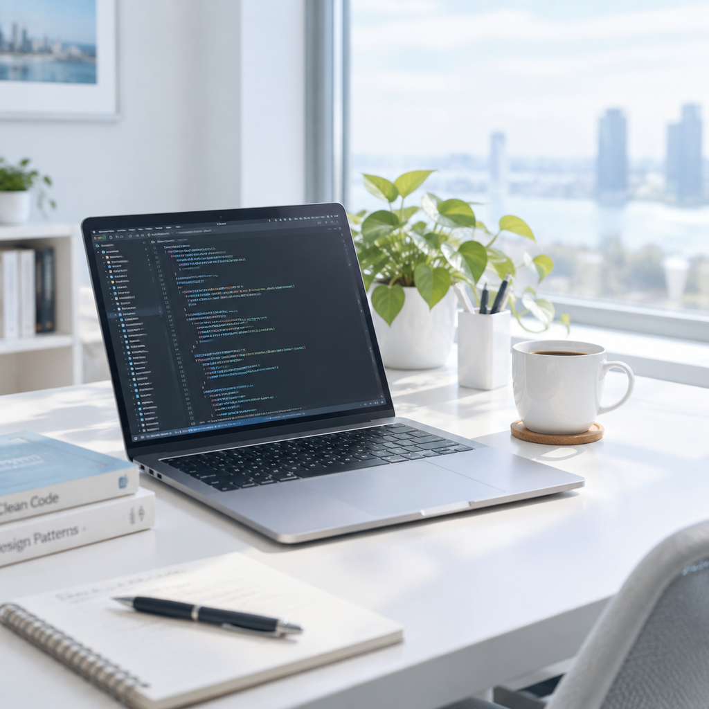 A bright, tidy desk with a laptop and notebook