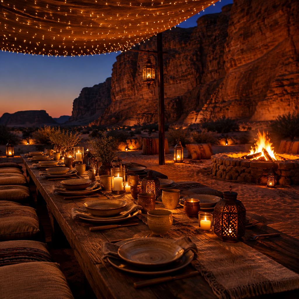 A long communal dining table set on warm sand at dusk under strings of small warm lights, with an open fire