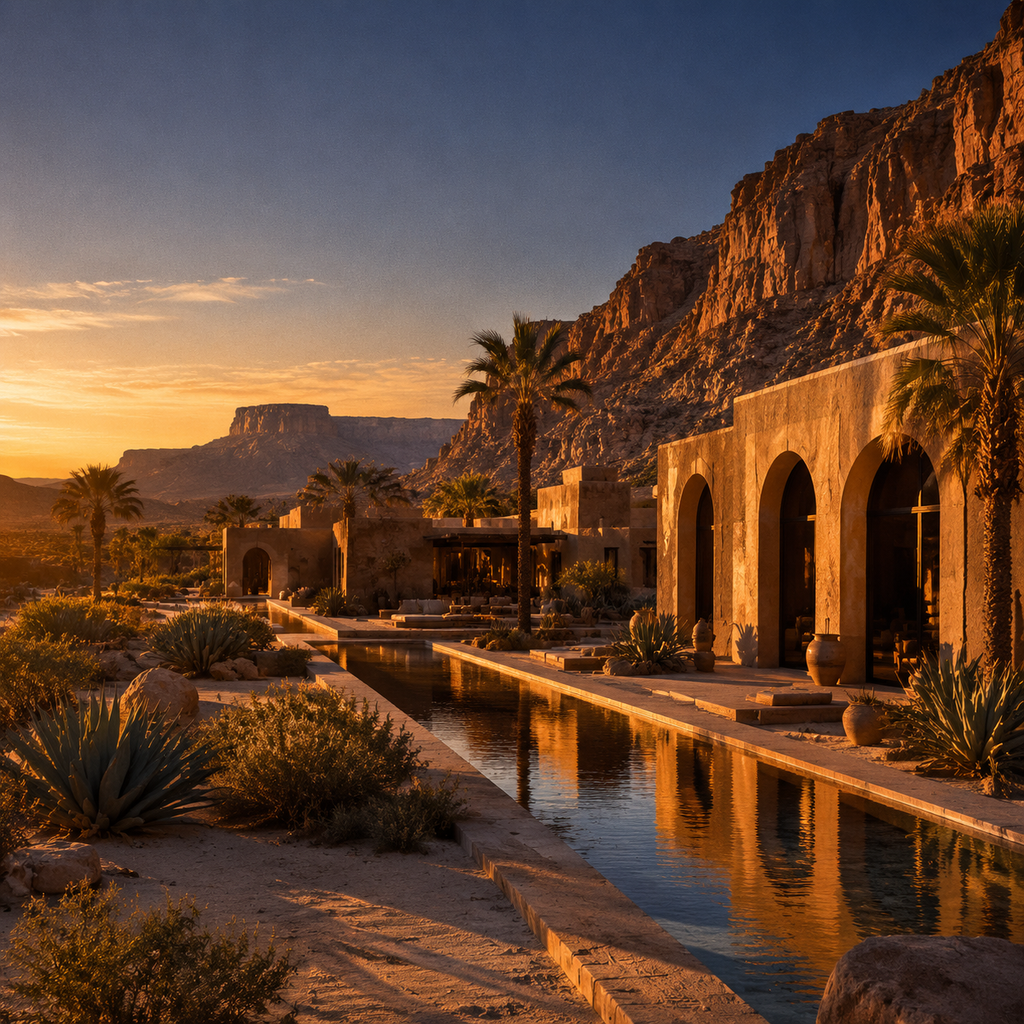 A boutique high-desert resort of earth-toned pavilions against an ochre canyon at golden hour