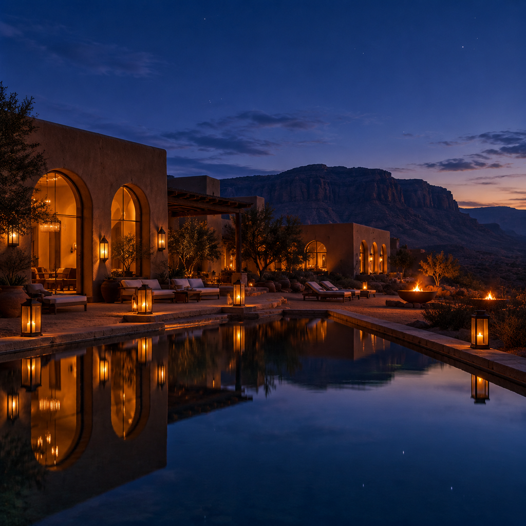 The resort at blue hour, windows glowing amber