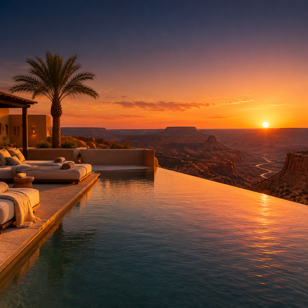 The rooftop infinity pool the Ochre Room opens onto, glowing amber at sunset
