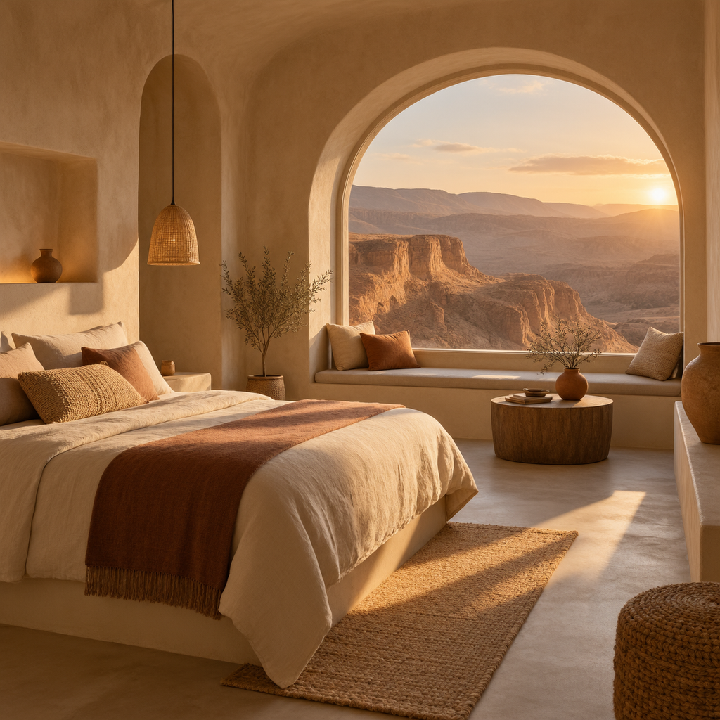 A sand-toned desert-modern suite with a low linen bed and a deep arched window onto an ochre canyon at golden hour
