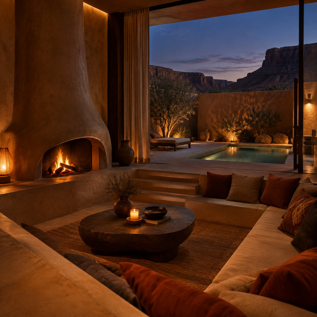 A warm minimal desert suite with a sunken plaster lounge, sculptural fireplace, and a walled courtyard with a plunge pool