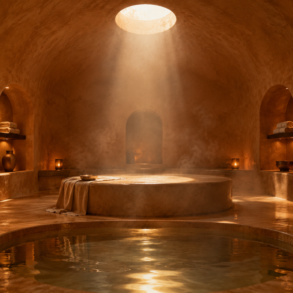 The domed hammam Dune House guests have on private request, lit by a single skylight