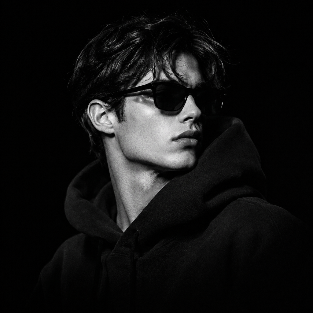 Marcus Vega — hood up, shades on, against a black wall